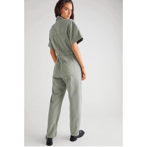 Free People Marci Denim Jumpsuit Collared Short Sleeves Sage Green Size XL Women - Picture 2 of 12